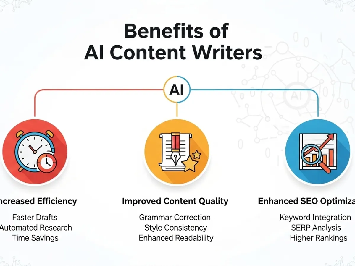Infographic: benefits of AI content writers, including SEO optimization.