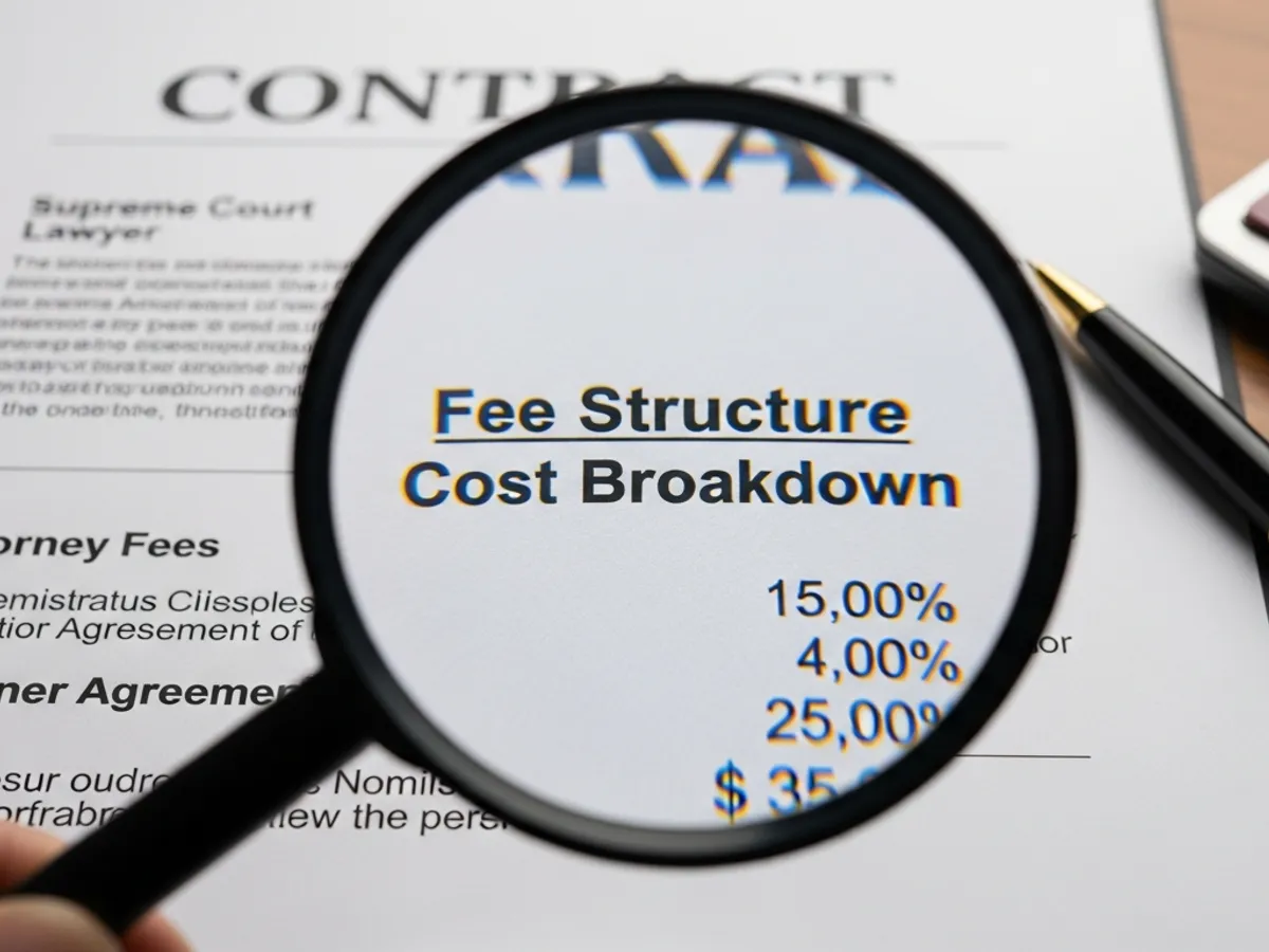 Vergrößerungsglas auf einem Vertrag mit Gebührenstruktur und Kostenaufschlüsselung.