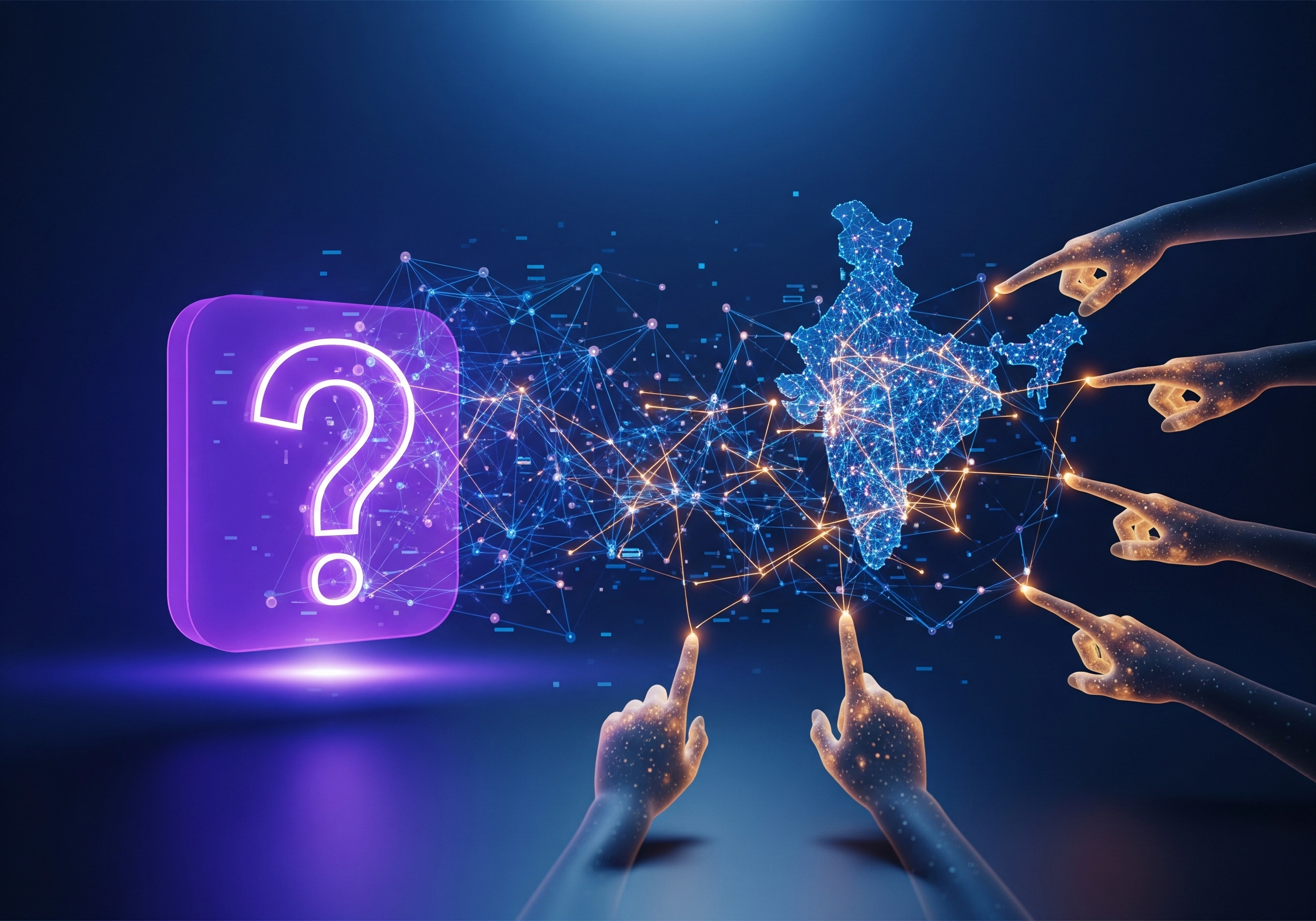 Abstrakte Darstellung von Indien mit Fragezeichen, digitale Vernetzung.