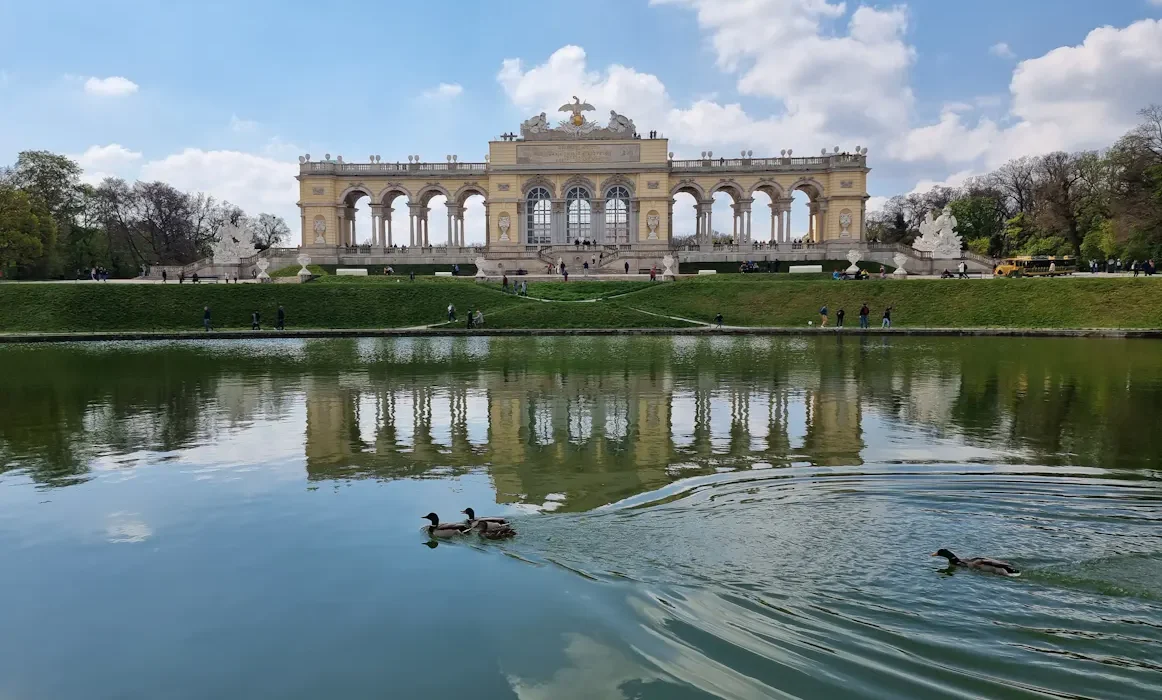 Schloss Schönbrunn reflected in water, with ducks swimming; Vienna landmark.
