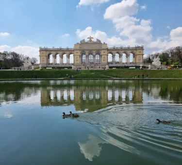 Schloss Schönbrunn reflected in water, with ducks swimming; Vienna landmark.