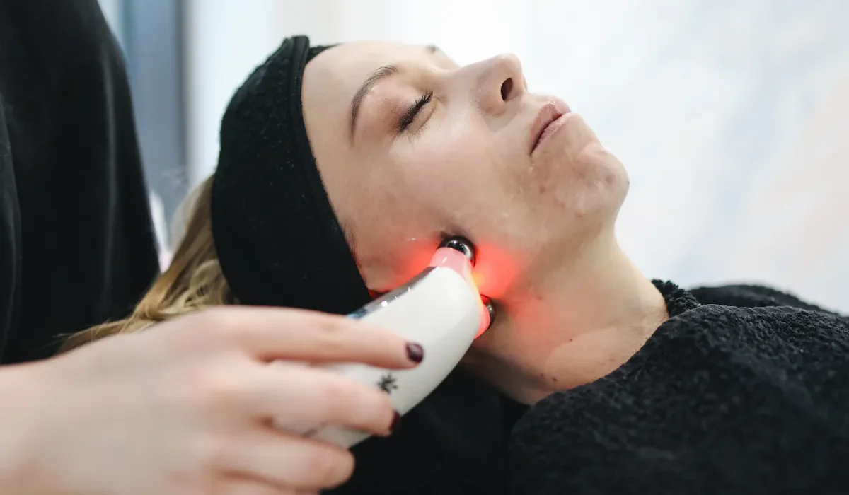 Frau erhält eine Hydrafacial Gesichtsbehandlung in Wien mit rotem LED-Licht.