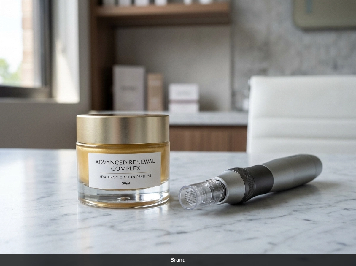 Vergleich von Microneedling-Gerät und Creme für die Hautpflege Routine und medizinische Kosmetik.