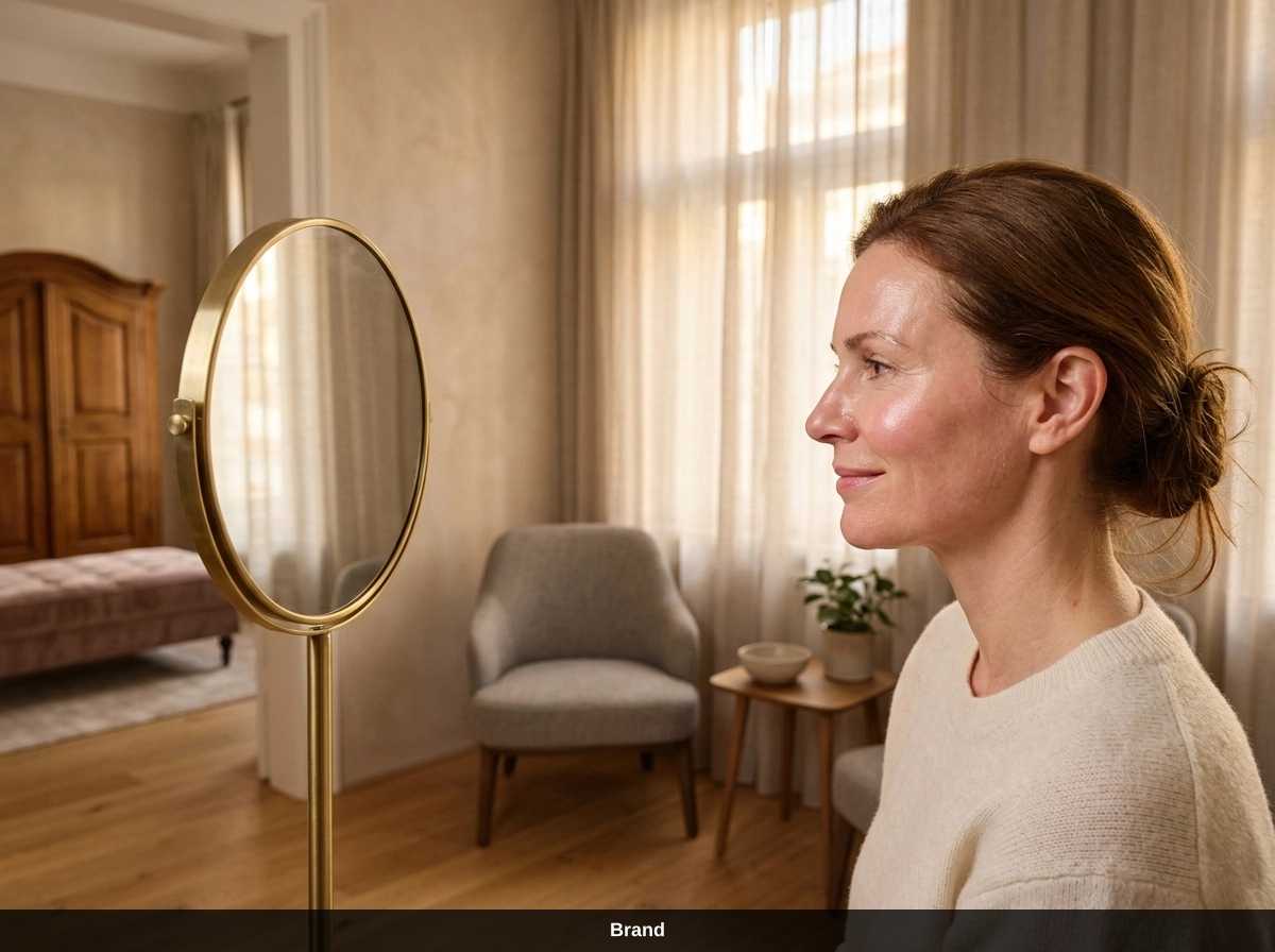 Frau betrachtet nach Microneedling in Wien ihr verbessertes Hautbild im Spiegel.