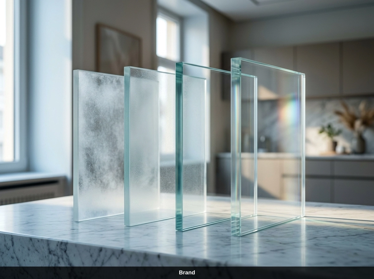 Vier Glasscheiben mit unterschiedlicher Textur auf einem Marmortisch für ästhetische Gesichtsbehandlungen.
