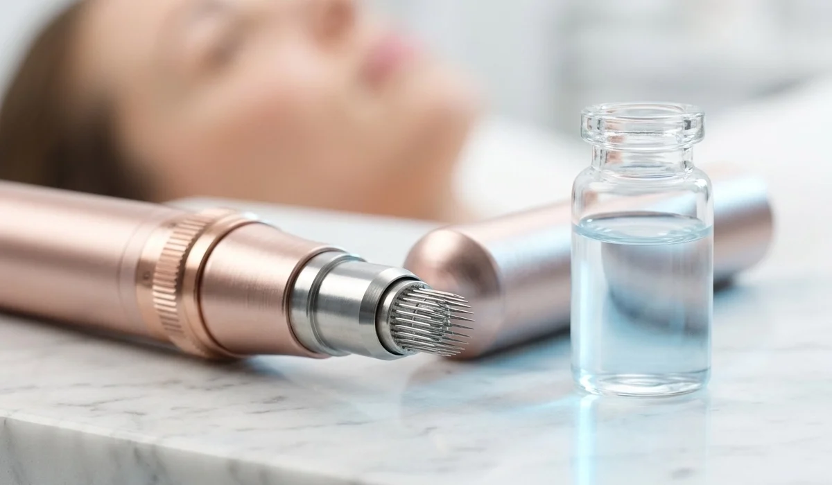 Microneedling Ablauf mit Pen und Serum zur Hauterneuerung und Porenverfeinerung.