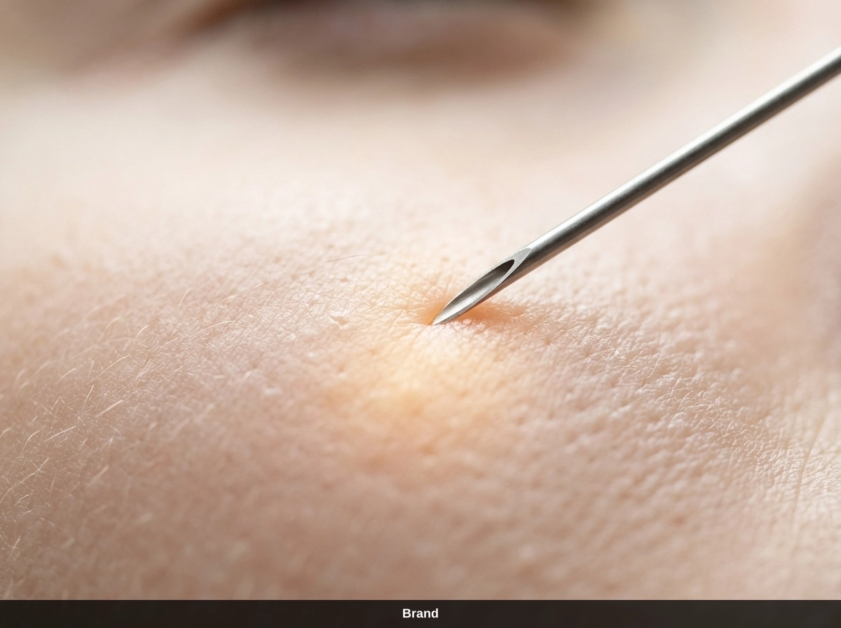 Nahaufnahme einer Nadel auf der Haut zur Veranschaulichung der Microneedling-Wirkung gegen Falten.