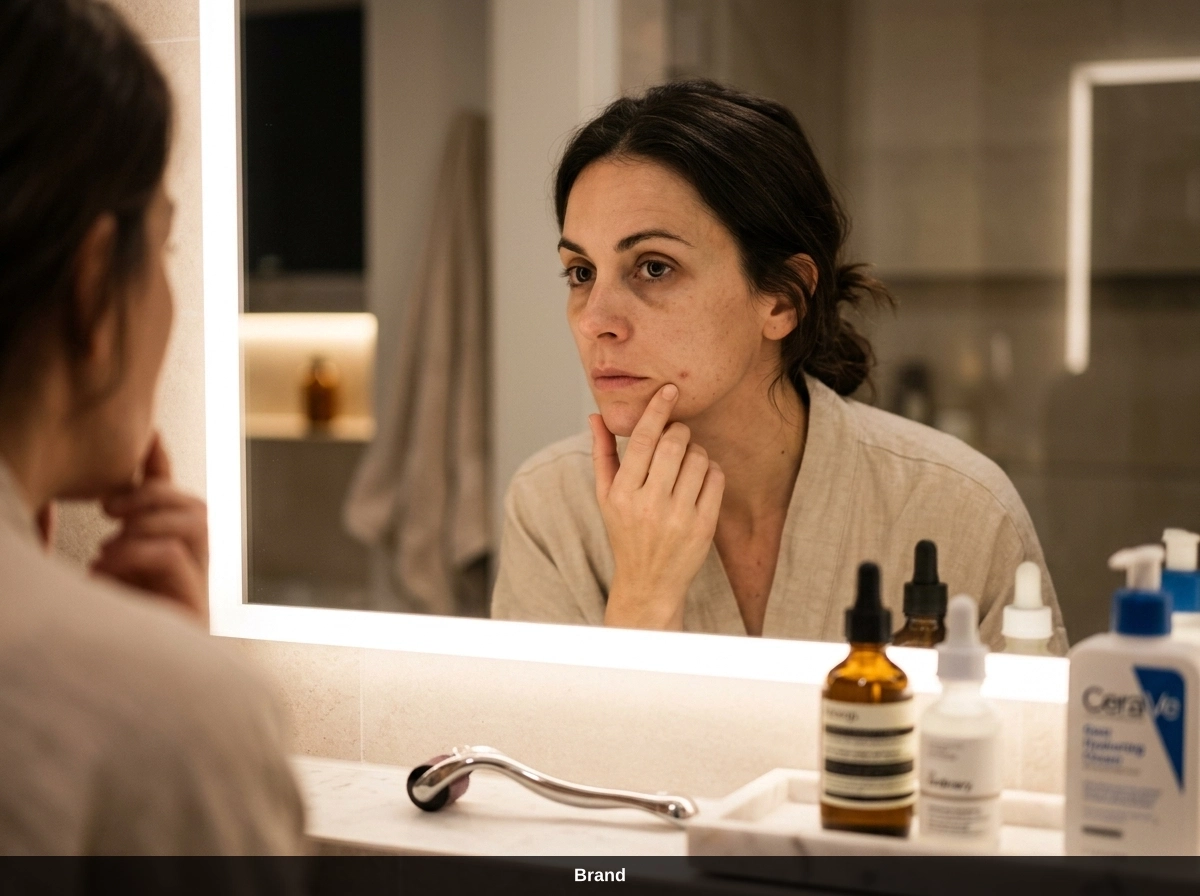 Frau betrachtet ihr Hautbild im Spiegel, um Microneedling gegen Falten und Poren zu planen.