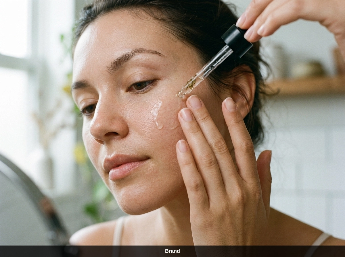 Frau trägt Serum auf, um das Hautbild zu verbessern und den Kollagenaufbau nach dem Microneedling zu fördern.