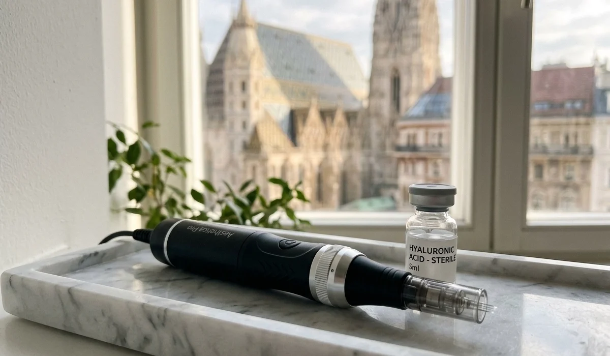 Dermapen für professionelles Microneedling in Wien mit Hyaluronsäure vor dem Stephansdom.