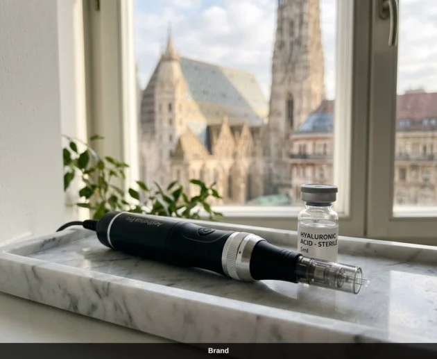 Dermapen für professionelles Microneedling in Wien mit Hyaluronsäure vor dem Stephansdom.