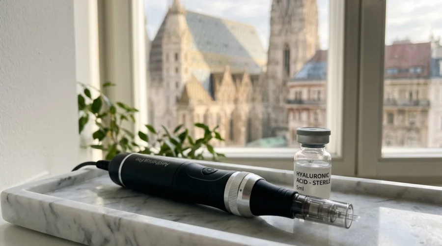 Dermapen für professionelles Microneedling in Wien mit Hyaluronsäure vor dem Stephansdom.