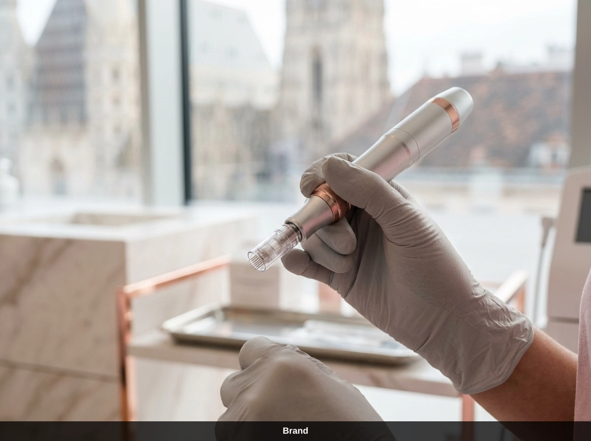 Hand in Handschuh hält Dermapen für eine professionelle Gesichtsbehandlung in Wien.