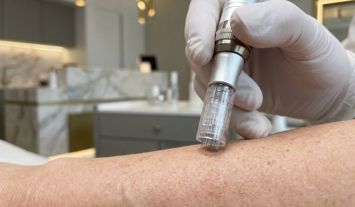 Dermapen Anwendung zur Hauterneuerung in einer Wiener Schönheitsklinik.