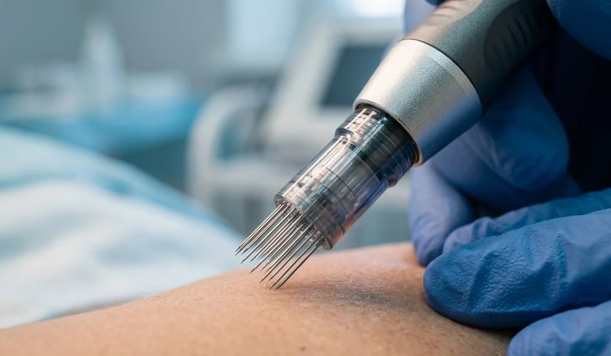 Nahaufnahme einer Microneedling Behandlung zur Hauterneuerung mit einem professionellen Pen.
