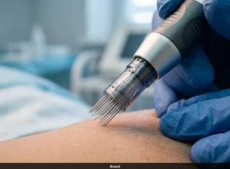 Nahaufnahme einer Microneedling Behandlung zur Hauterneuerung mit einem professionellen Pen.
