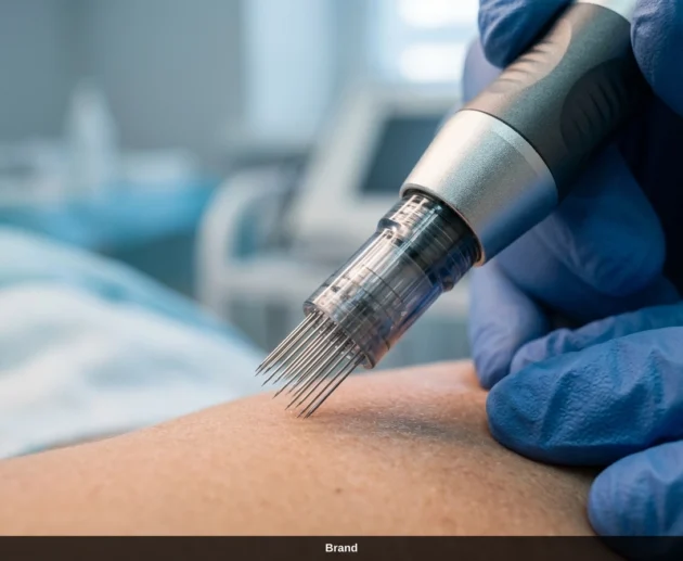 Nahaufnahme einer Microneedling Behandlung zur Hauterneuerung mit einem professionellen Pen.