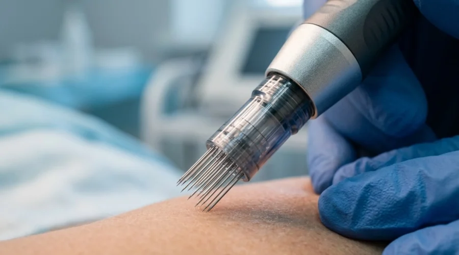 Nahaufnahme einer Microneedling Behandlung zur Hauterneuerung mit einem professionellen Pen.