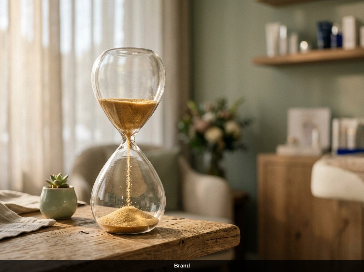 Sanduhr auf Holztisch symbolisiert die Microneedling Regeneration Dauer für den Kollagenaufbau.