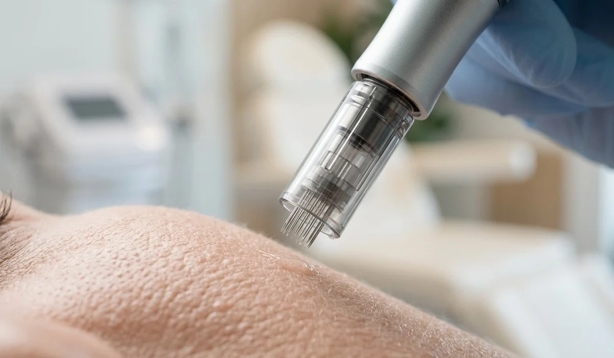 Professionelles Microneedling zur Behandlung von Aknenarben und zur Verbesserung der Hautstruktur.