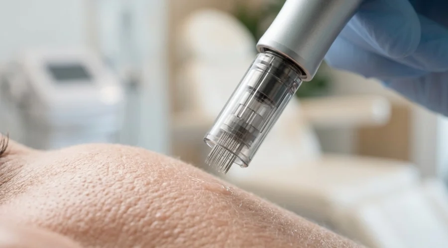 Professionelles Microneedling zur Behandlung von Aknenarben und zur Verbesserung der Hautstruktur.