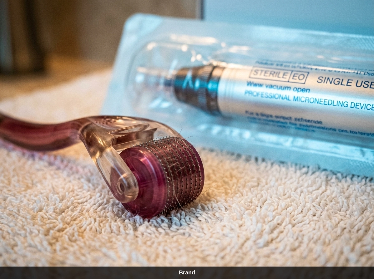 Vergleich von Dermaroller und professionellem Microneedling Gerät für den Kollagenaufbau.