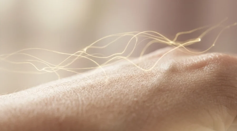 Nahaufnahme menschlicher Haut, die den Kollagenaufbau durch Microneedling symbolisiert.