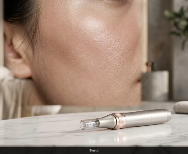 Microneedling Stift auf Marmor vor einer Nahaufnahme der Haut für die Microneedling Behandlung in Wien.