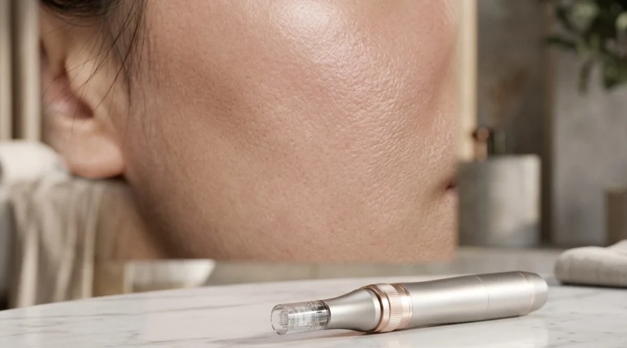 Microneedling Stift auf Marmor vor einer Nahaufnahme der Haut für die Microneedling Behandlung in Wien.