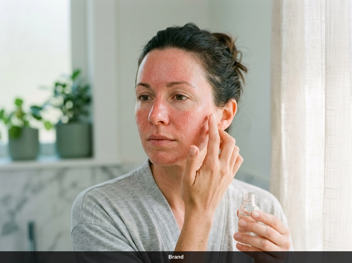 Frau trägt Serum auf gerötete Haut nach einer Microneedling Behandlung in Wien auf.