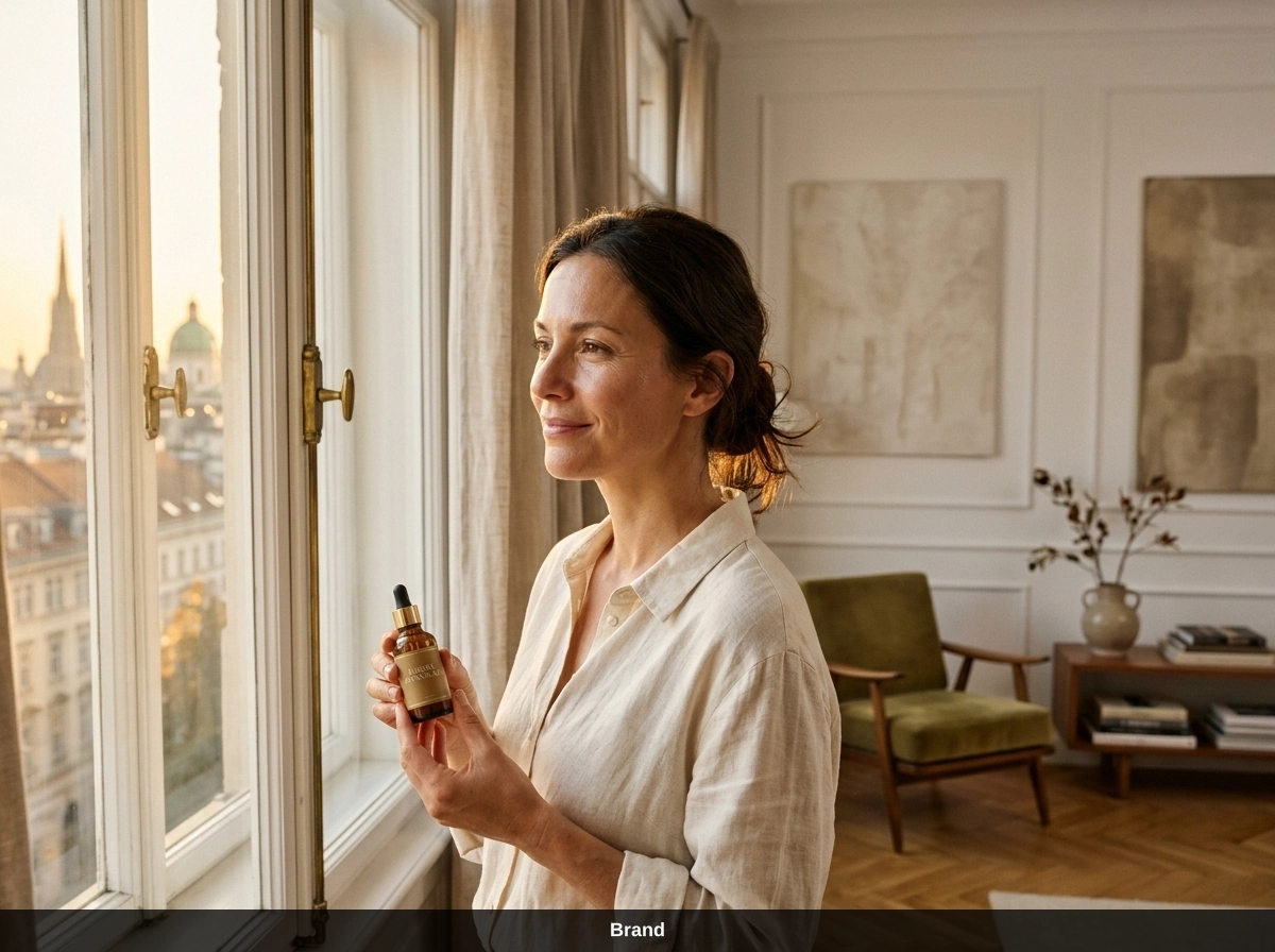 Frau mit strahlender Haut nach Microneedling Behandlung in Wien am Fenster.