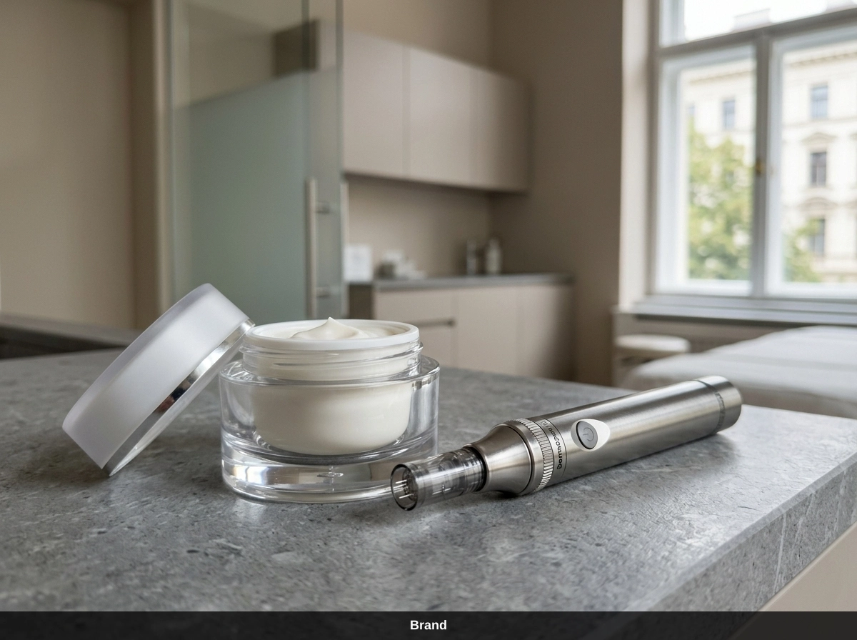 Medizinisches Microneedling in Wien: Dermapen und Pflegecreme für den Kollagenaufbau.