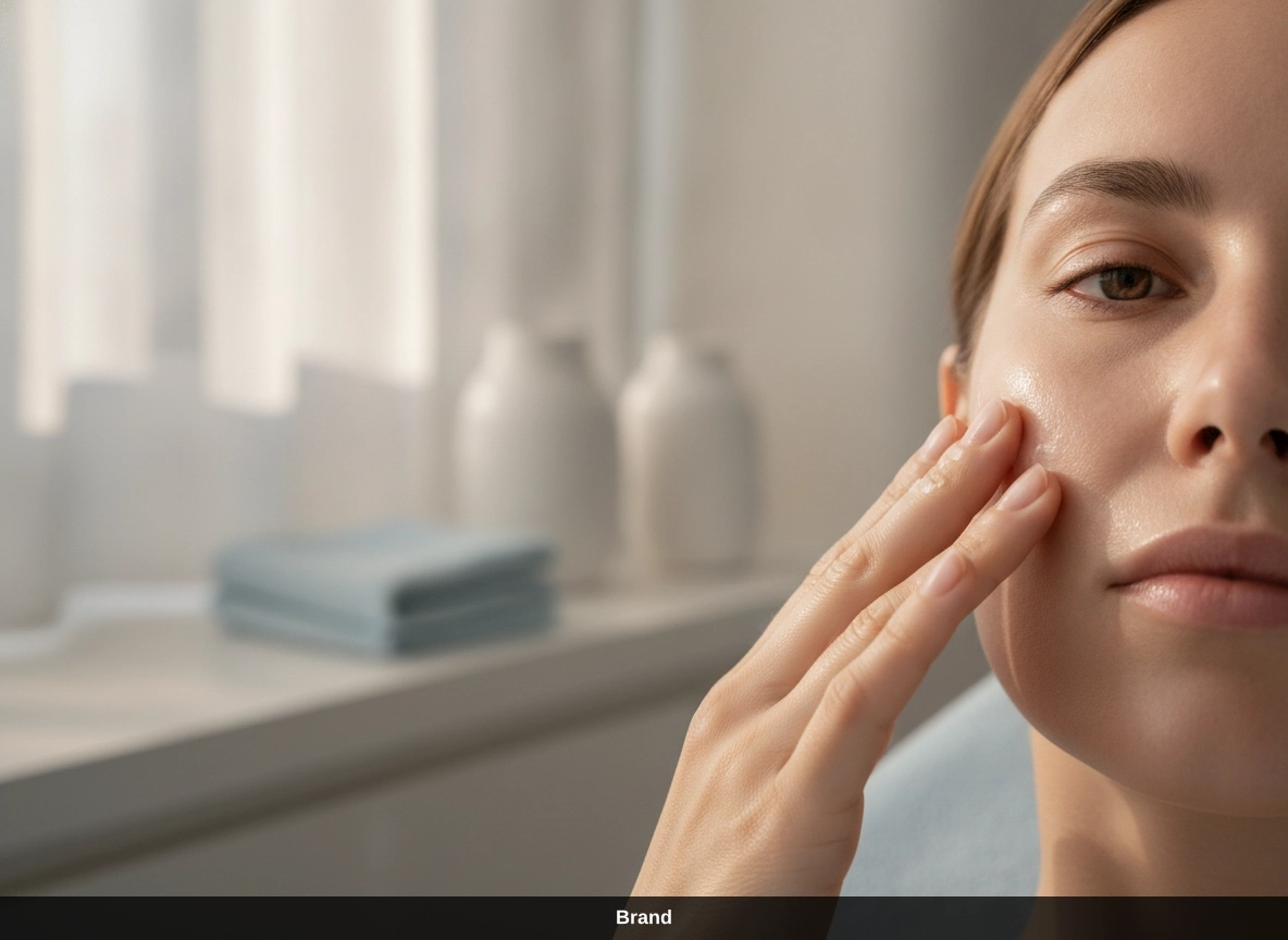 Frau berührt ihre Haut nach dem Microneedling zur Anregung der Hautregeneration.