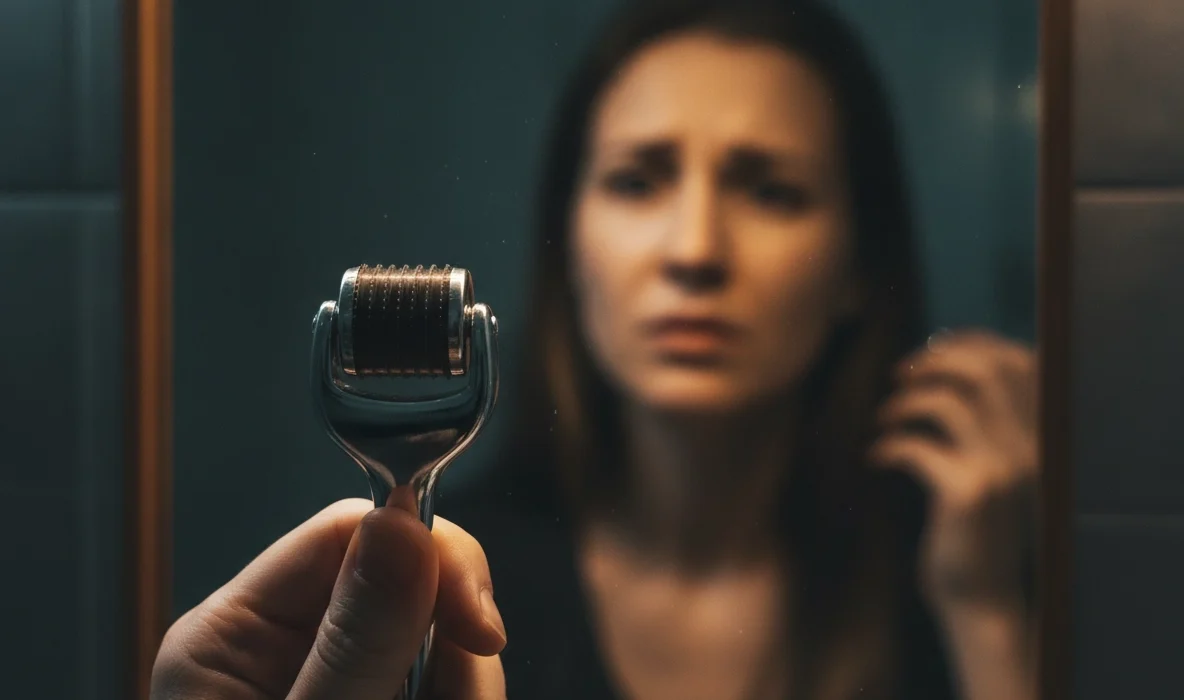 Frau betrachtet kritisch einen Dermaroller; Risiken beim Microneedling zu Hause vermeiden.