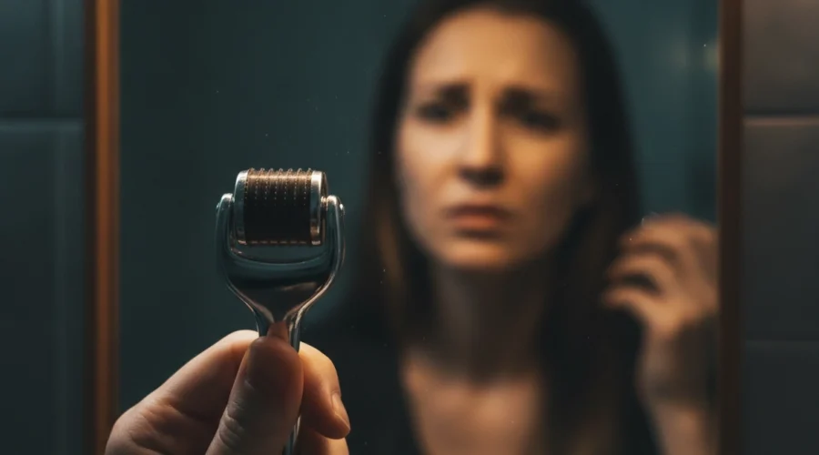 Frau betrachtet kritisch einen Dermaroller; Risiken beim Microneedling zu Hause vermeiden.