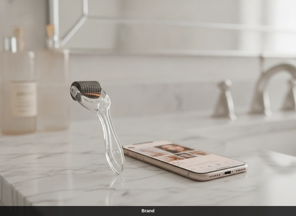Dermaroller neben Smartphone auf Waschbecken; Vorsicht bei DIY-Microneedling-Trends.