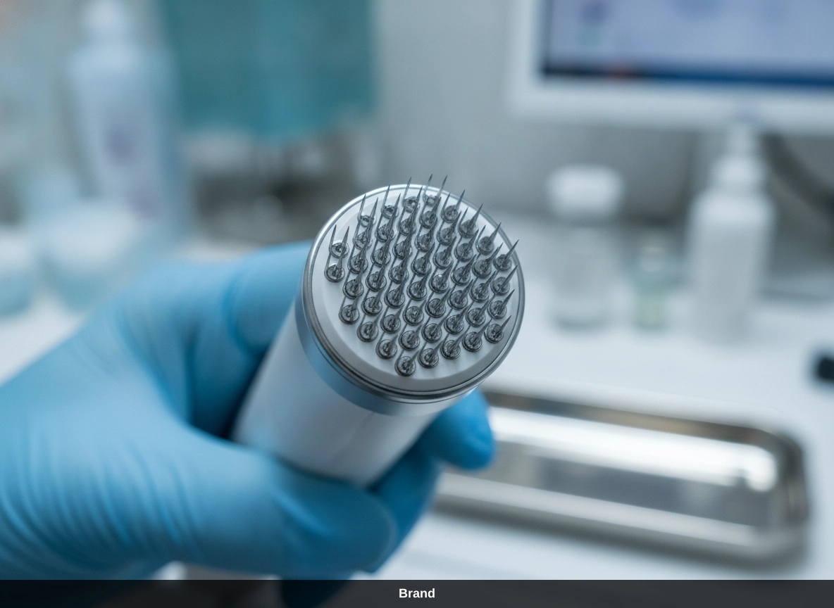 Hand mit Handschuh hält ein Gerät für medizinisches Microneedling zur professionellen Hautpflege.