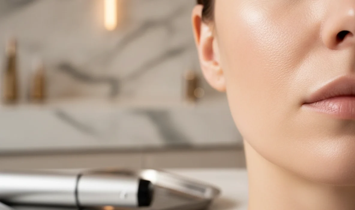 Nahaufnahme einer Frau nach Microneedling in Wien für ein verfeinertes Hautbild.
