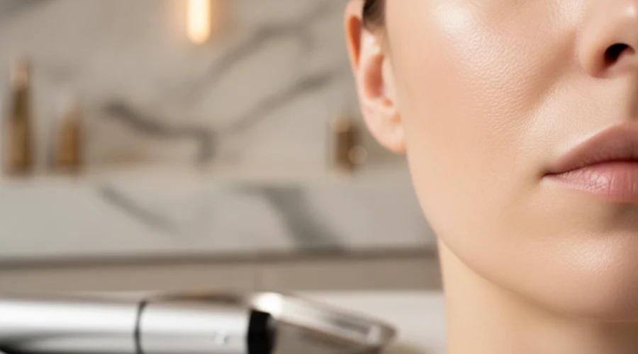 Nahaufnahme einer Frau nach Microneedling in Wien für ein verfeinertes Hautbild.