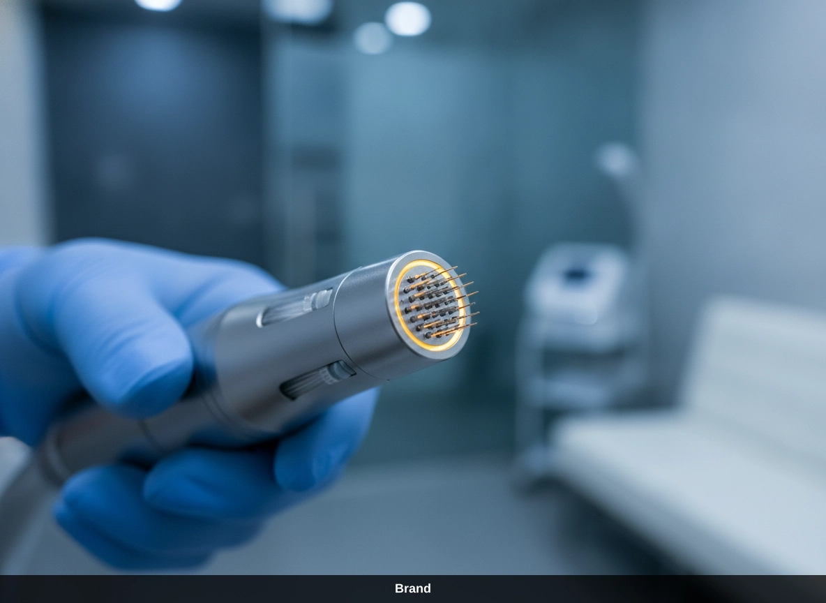 Hand in blauem Handschuh hält Microneedling-Gerät für den Kollagenaufbau im Gesicht.