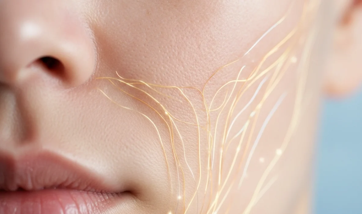 Nahaufnahme einer Wange mit goldenen Linien, die die Hautregeneration nach dem Microneedling symbolisieren.