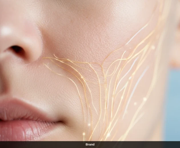 Nahaufnahme einer Wange mit goldenen Linien, die die Hautregeneration nach dem Microneedling symbolisieren.