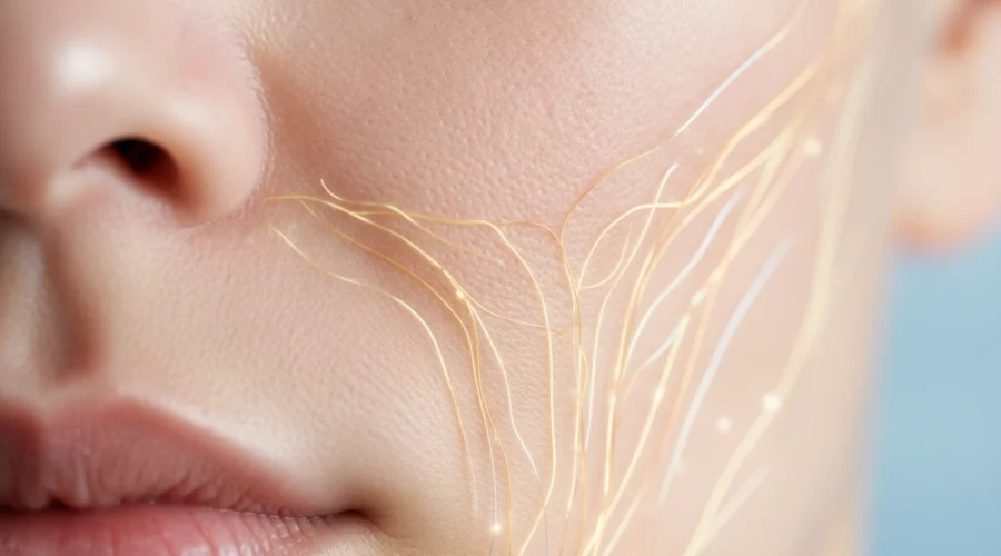 Nahaufnahme einer Wange mit goldenen Linien, die die Hautregeneration nach dem Microneedling symbolisieren.