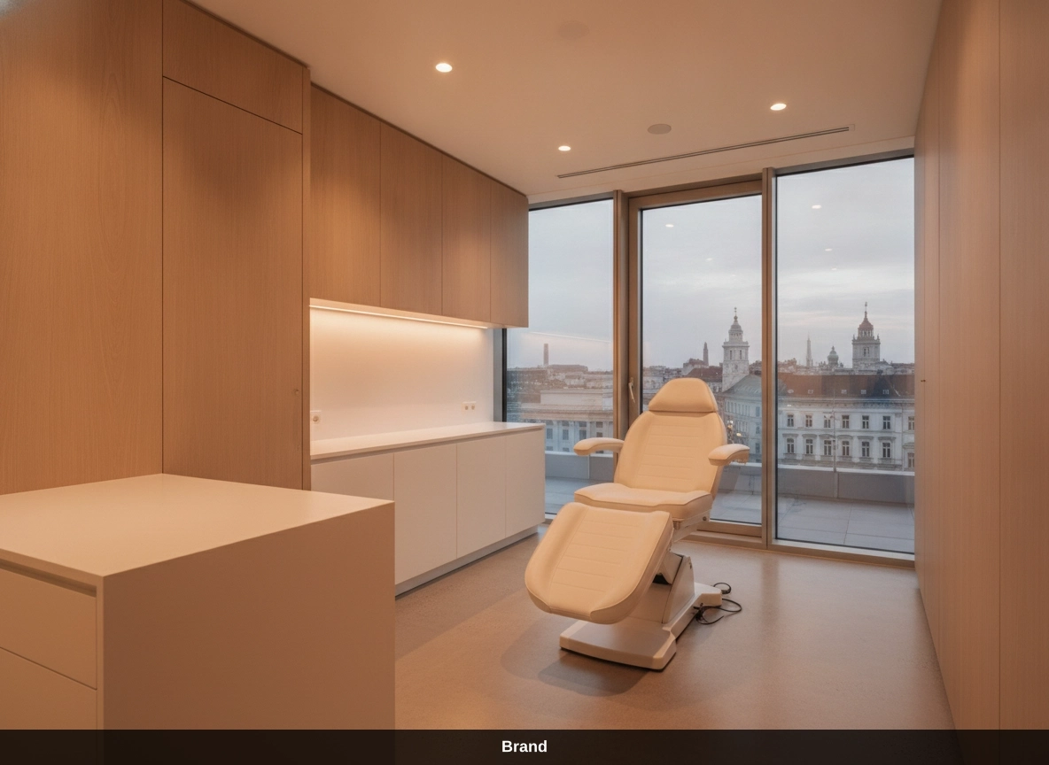 Moderne Praxis für Microneedling in Wien mit Behandlungsstuhl und Blick über die Stadt.
