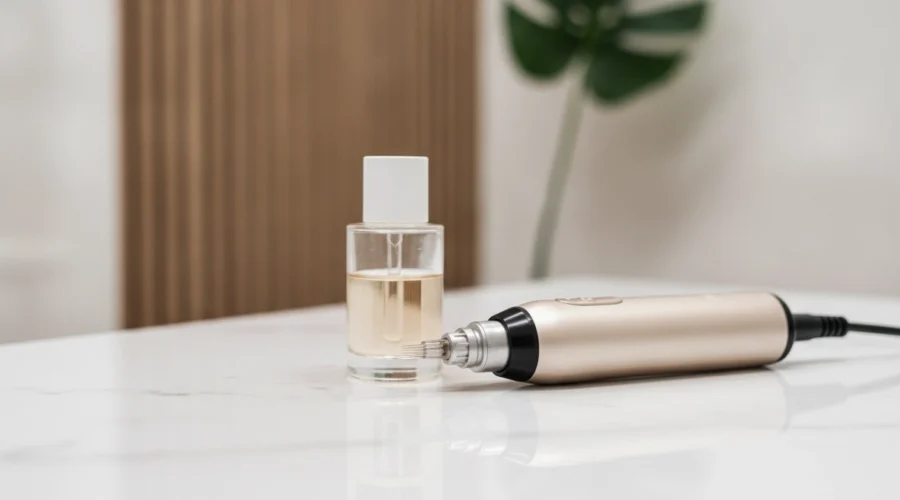 Microneedling-Gerät und Serum für die Narbenbehandlung und Hautregeneration in einem Wiener Kosmetikstudio.