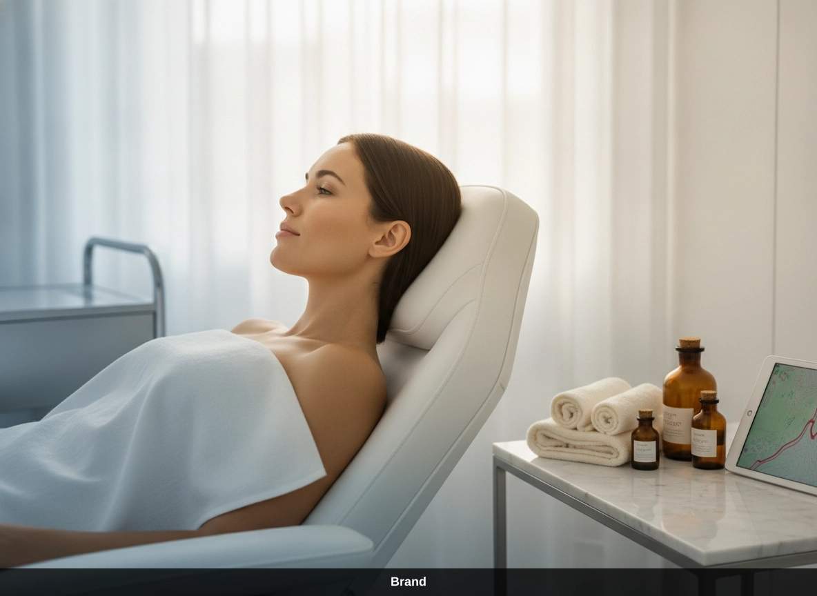 Entspannte Kundin bei einer professionellen Microneedling-Gesichtsbehandlung in einem Kosmetikstudio in Wien.