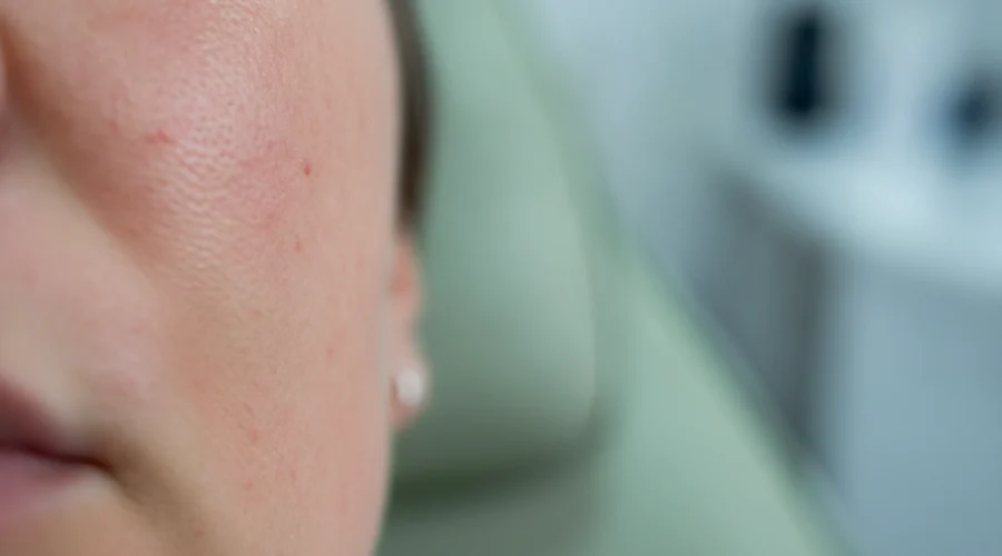 Leichte Rötung nach Microneedling im Gesicht als Teil des natürlichen Heilungsprozesses.
