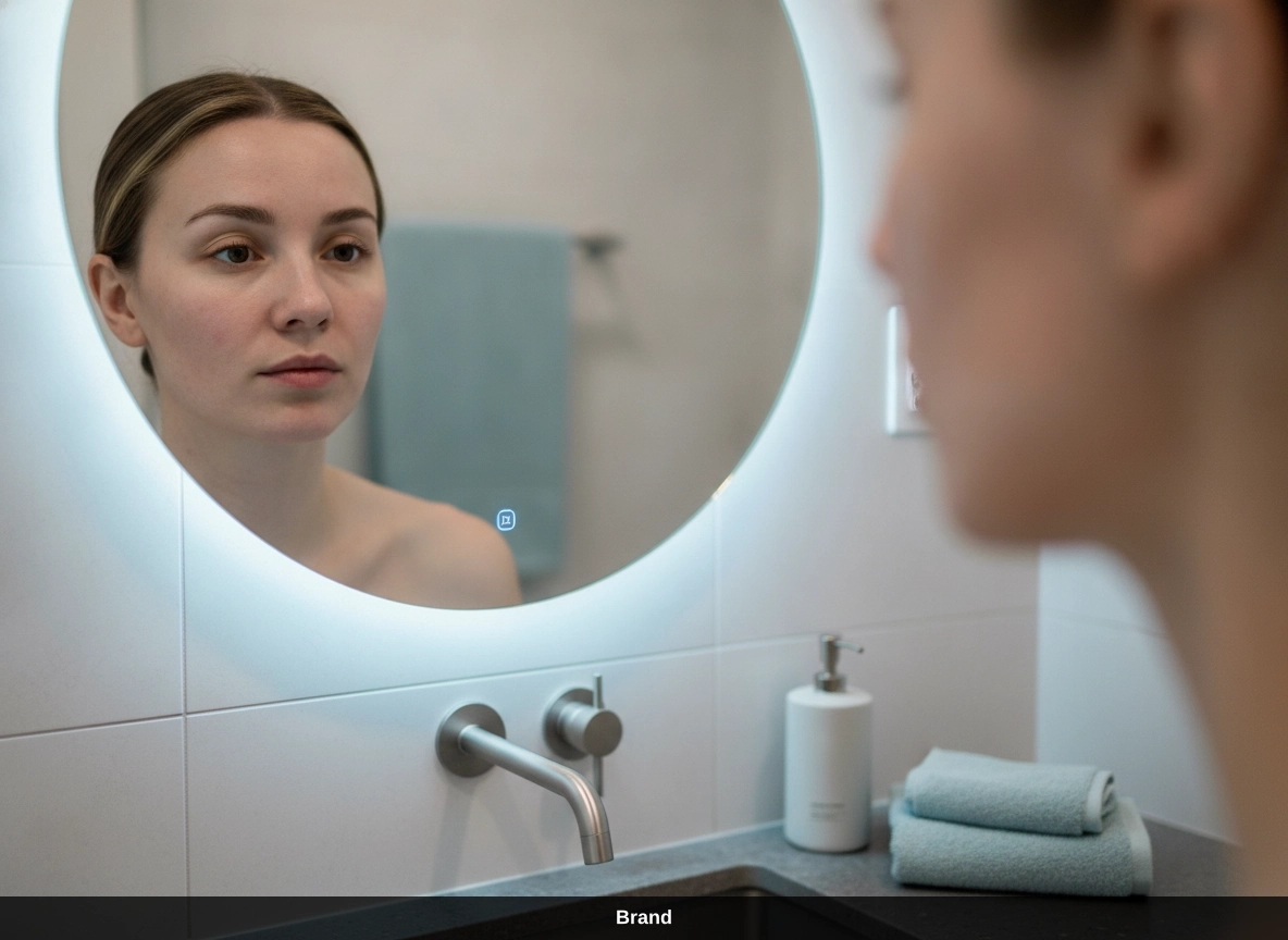 Frau betrachtet ihre Haut im Spiegel nach dem Microneedling, um Rötungen zu kontrollieren.