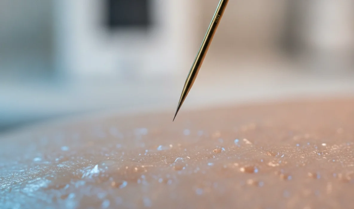 Feine Nadelspitze bei der Microneedling Behandlung zur Anregung der Kollagenproduktion.