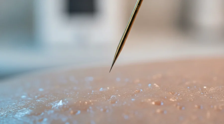 Feine Nadelspitze bei der Microneedling Behandlung zur Anregung der Kollagenproduktion.